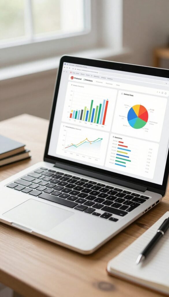 Pinterest analytics dashboard on a laptop with notebook and pen on a wooden desk