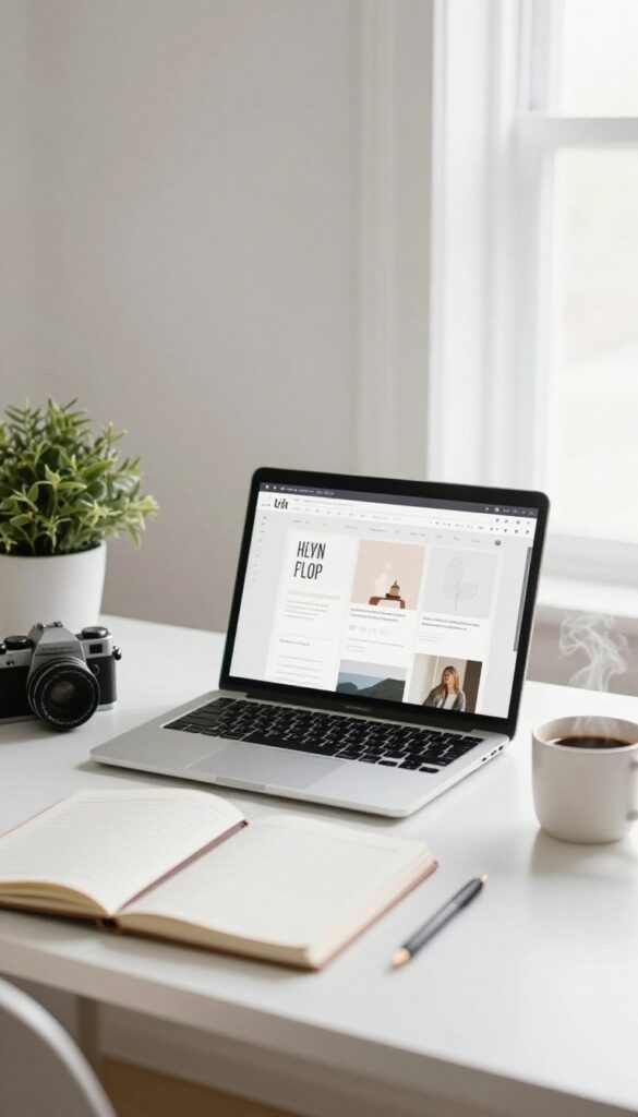 A clean home office desk with a laptop, notebook, coffee, and plant in natural light.