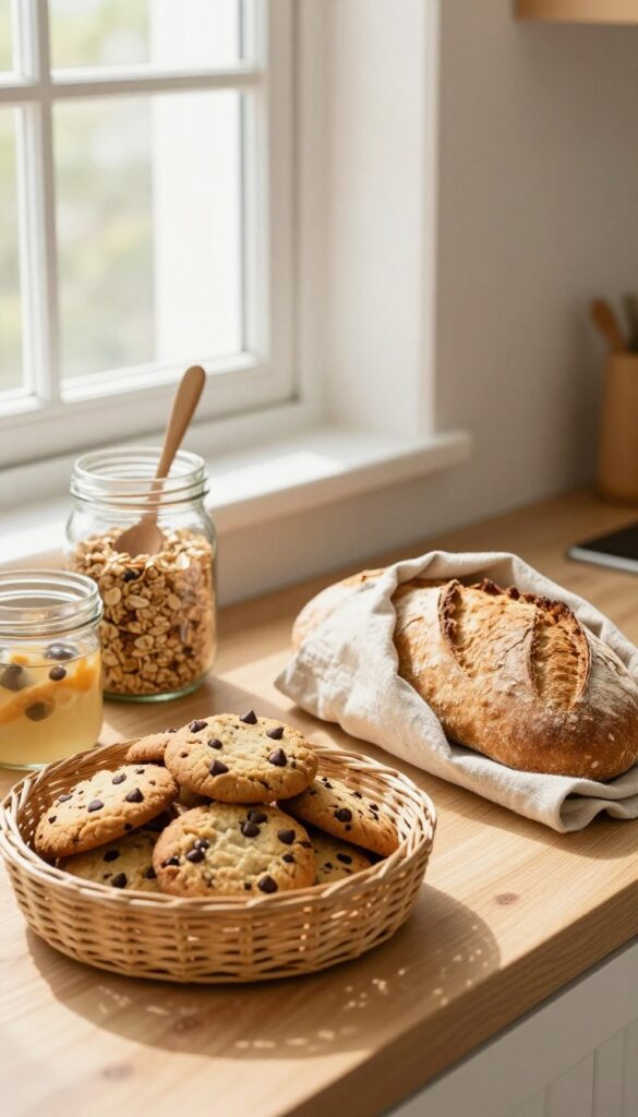 Homemade baked goods and meal prep items displayed on a kitchen counter