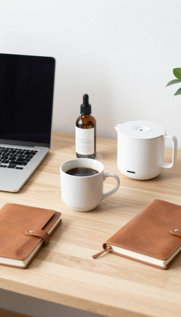 Flat lay of a blogger's desk with laptop, coffee, and recommended products like skincare and kitchen gadgets