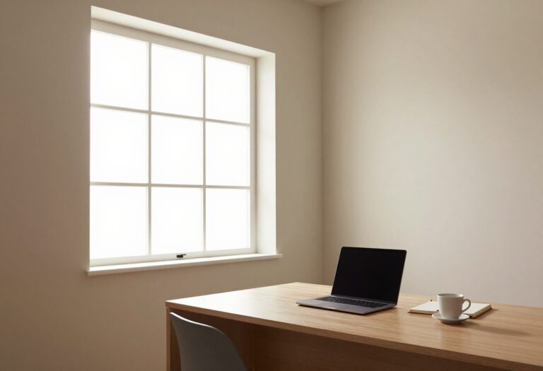 Home office with laptop and notebook on a desk