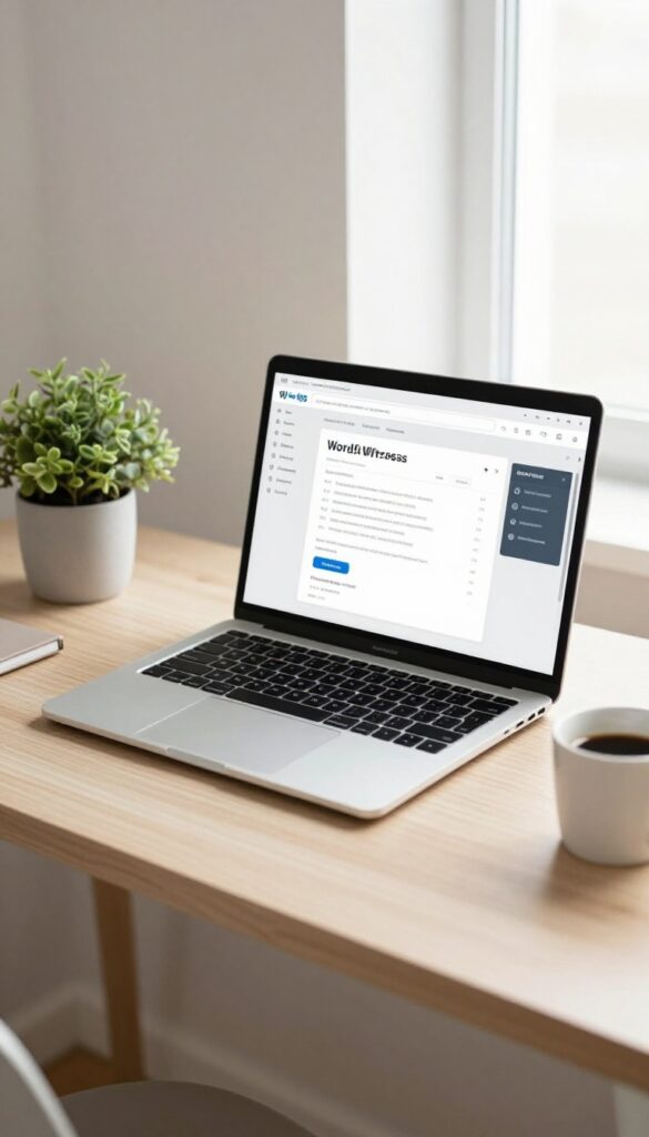 Laptop showing WordPress dashboard on a minimalist desk with coffee and plant