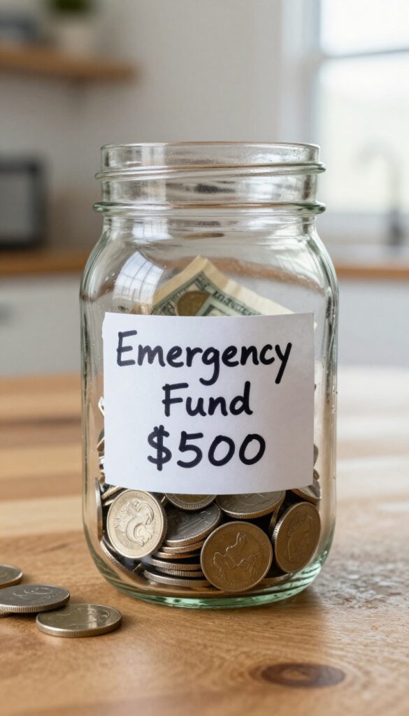 Clear glass jar filled with coins and bills, labeled Emergency Fund, on a wooden table in natural light.