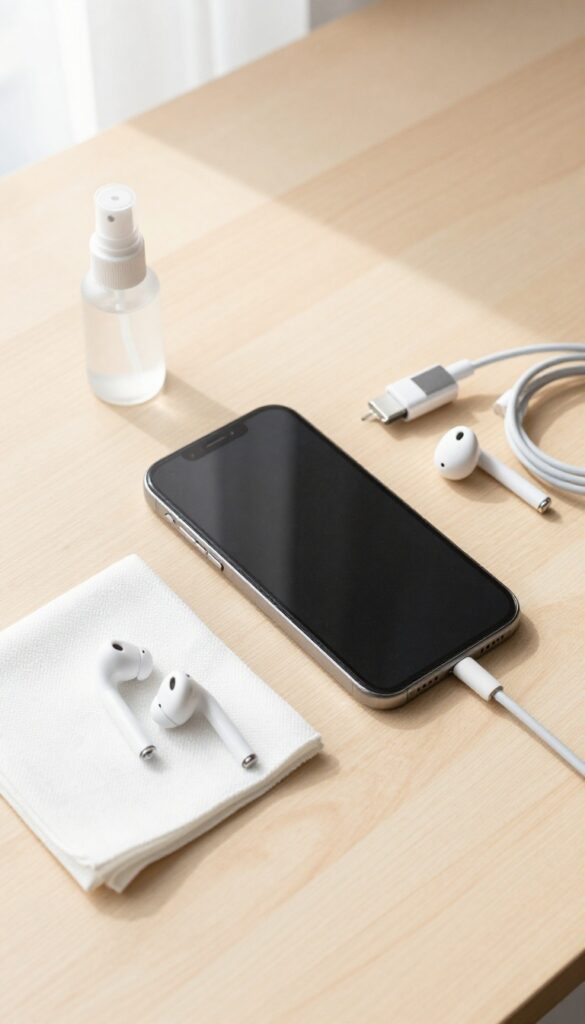 Flat lay of a used iPhone and earbuds being cleaned for resale, with cleaning tools on a wooden table.