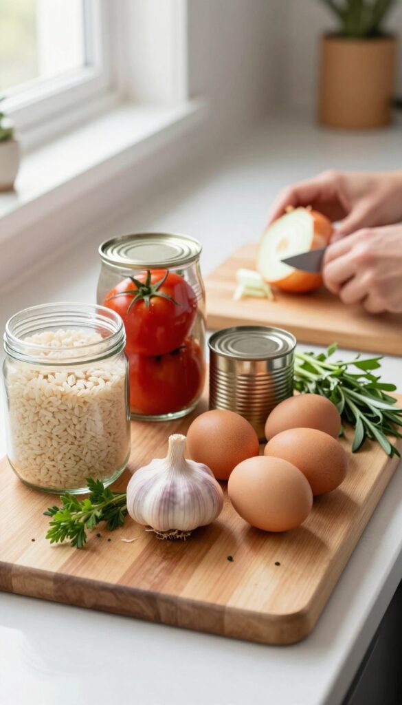 Kitchen counter with pantry staples like rice, canned tomatoes, garlic, eggs, and herbs, with hands chopping an onion in natural light.