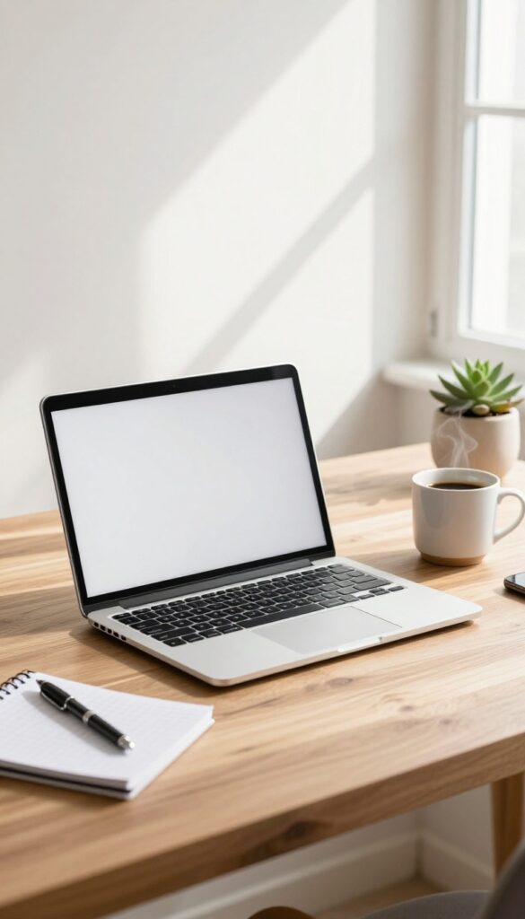 Cozy workspace with laptop, coffee, and notepad by sunny window