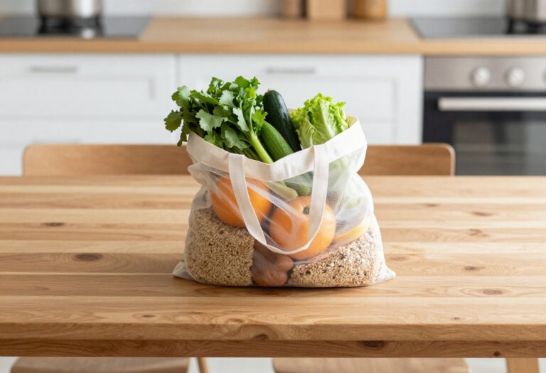 Reusable grocery bag filled with fresh produce and whole grains on a wooden table.
