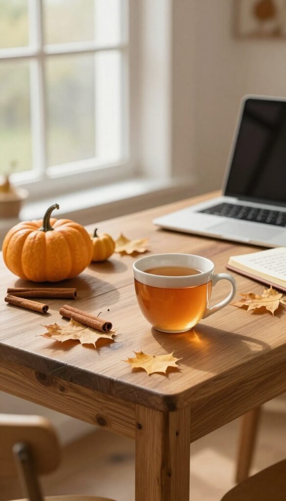 Seasonal autumn flat lay with pumpkins, leaves, and a warm drink on a wooden table
