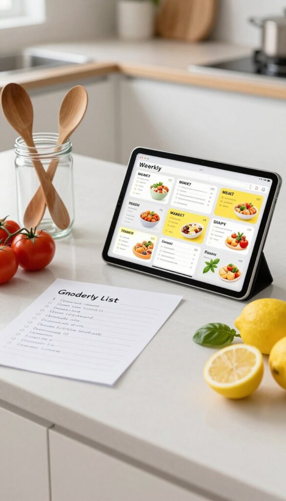 Meal planning service setup with tablet, grocery list, and fresh ingredients on a kitchen counter