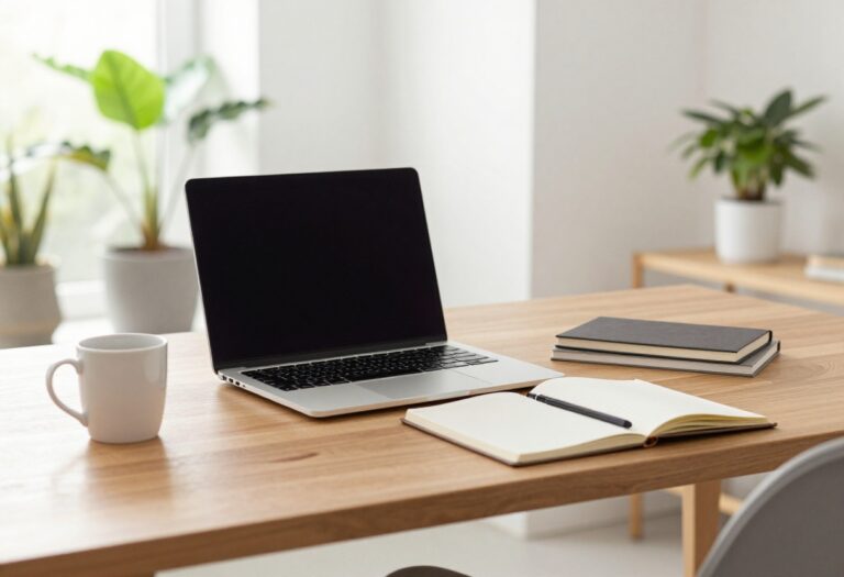 Home office desk with laptop and coffee mug ready for online side hustles