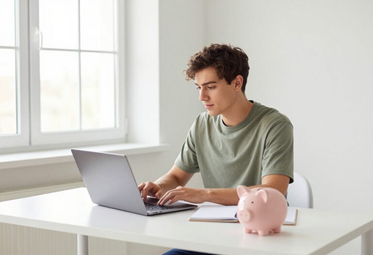 Young adult budgeting at a desk with laptop, notebook, and piggy bank