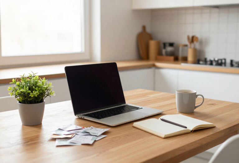 A cozy kitchen table with a laptop, coffee, and budgeting materials in soft natural light.