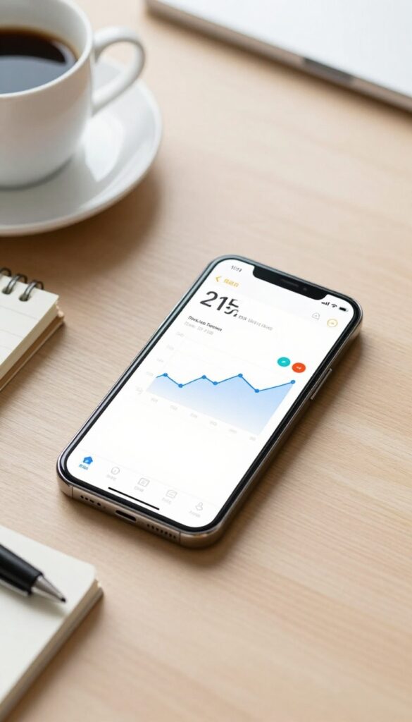 Smartphone showing price tracking app on a wooden desk with coffee and notebook