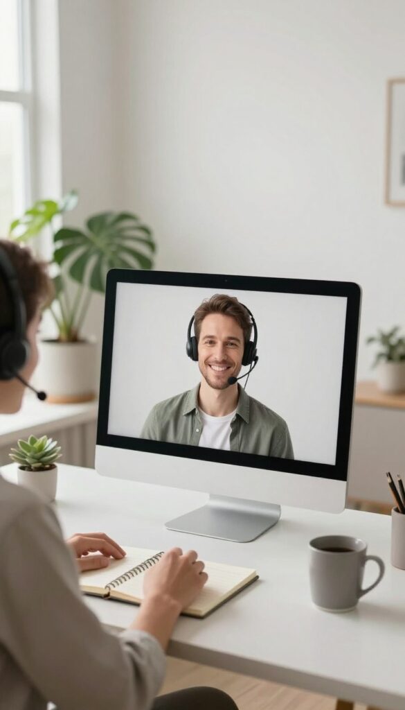 Person working from home as a customer service representative, using a headset and computer in a bright, tidy office space.
