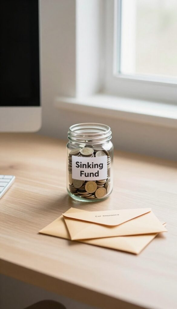 A glass jar labeled Sinking Fund filled with money next to envelopes for irregular expenses on a tidy desk.