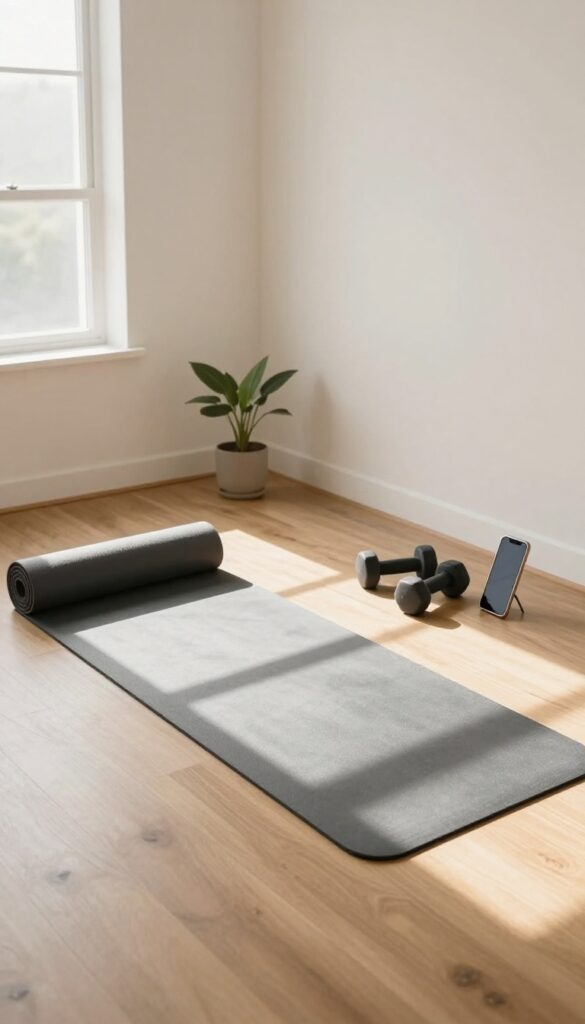 Home workout setup with yoga mat, dumbbells, and smartphone in bright natural light