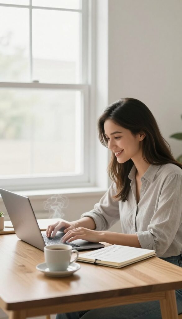 Woman working on laptop at a tidy desk with a skills list notebook, bright natural light, home office setting
