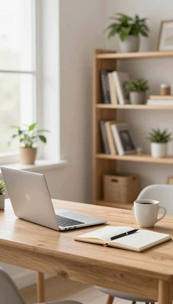 Cozy home office with laptop and coffee, perfect for virtual assistant work