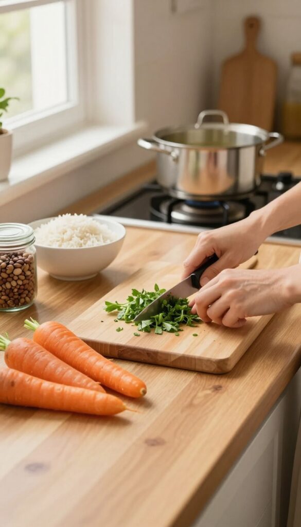 Cooking from scratch with fresh vegetables and pantry staples on a kitchen counter