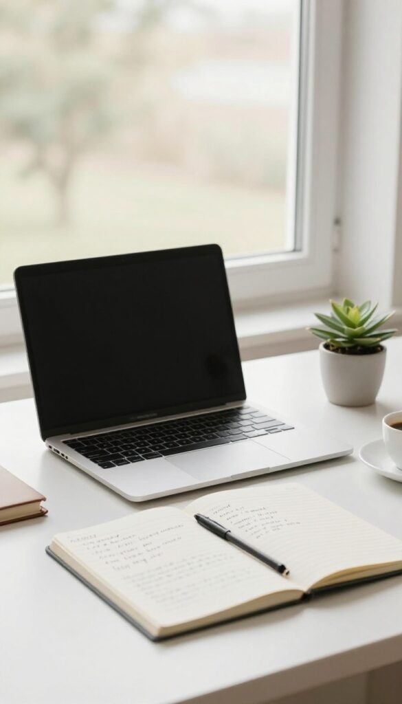 A desk with a laptop, notebook, coffee, and plant in natural light, representing a how-to guide.