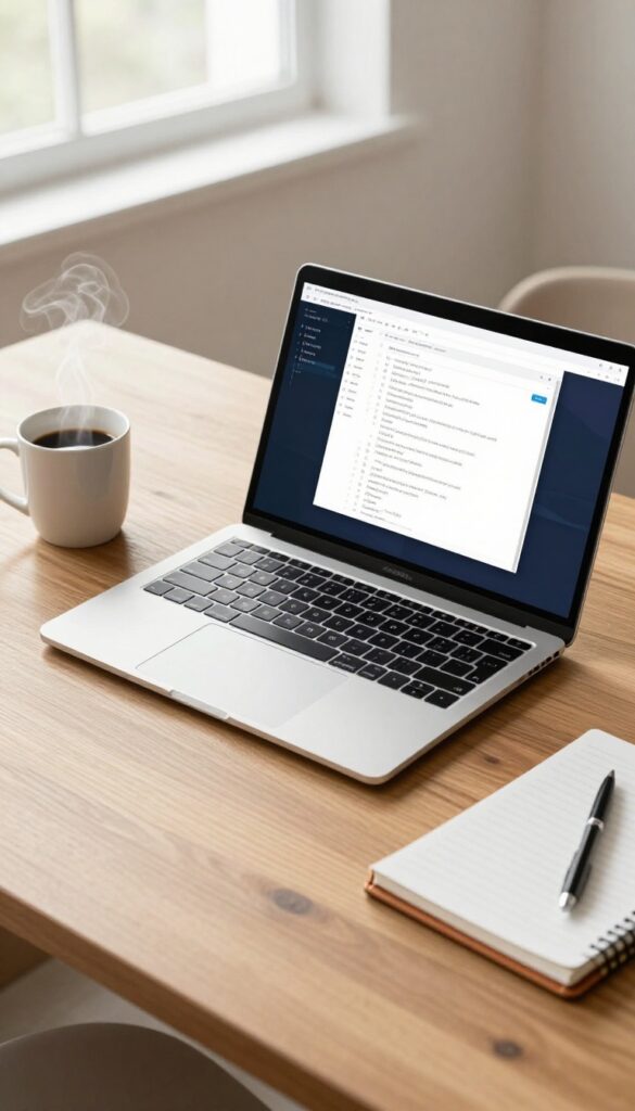 Laptop with code on screen and coffee on wooden desk, natural light, web development setup