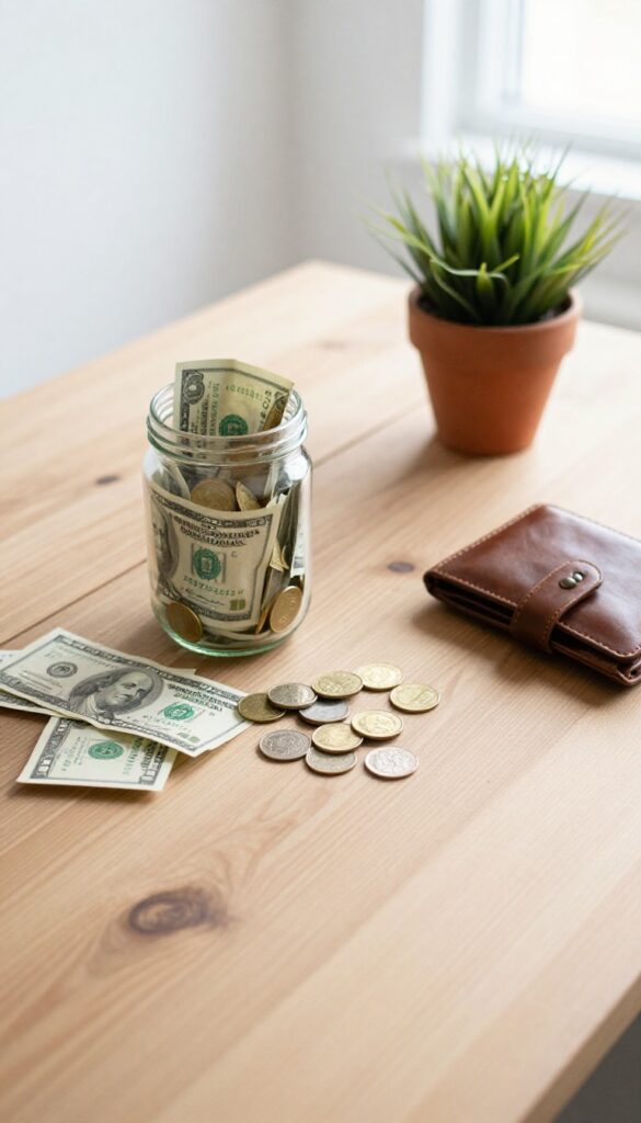 Cash only challenge flat lay with jar of money, wallet, and plant on wooden table