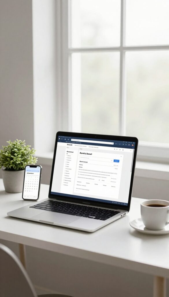 Smartphone with bill reminder notification on a desk next to a laptop showing a bank payment page, with a plant and coffee cup.
