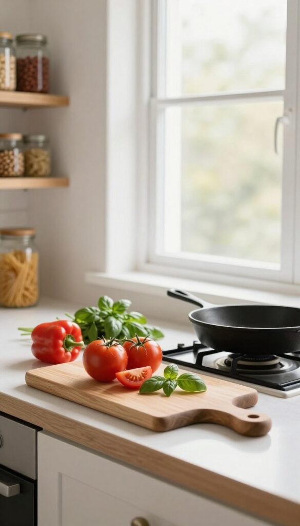 Fresh vegetables and cooking ingredients on a kitchen counter, natural light, no text