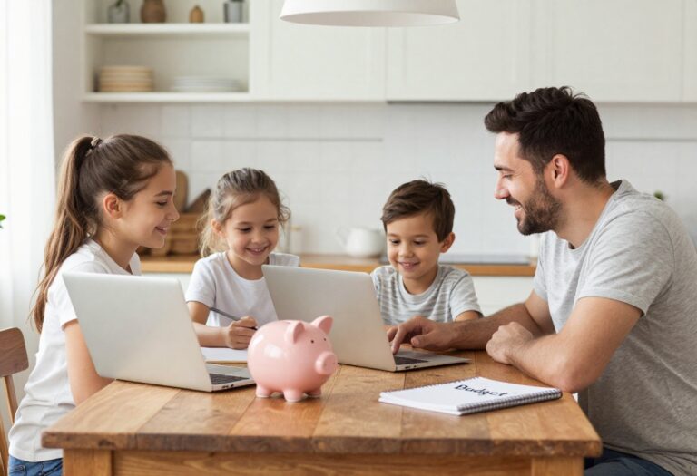 Family budgeting together at a kitchen table with a laptop and piggy bank