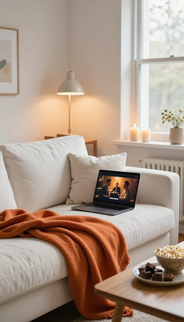 Cozy movie marathon setup with blankets, pillows, popcorn, and snacks on a coffee table