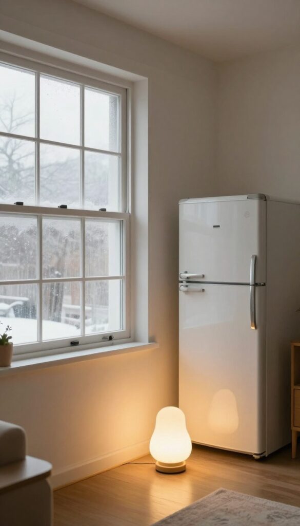 Drafty window and old refrigerator in a cozy living room with an LED bulb