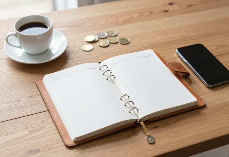 Open budget planner on a desk with coffee and coins