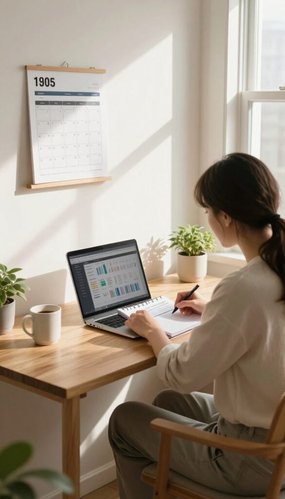 A couple reviewing their budget together at a desk in a bright, cozy home office