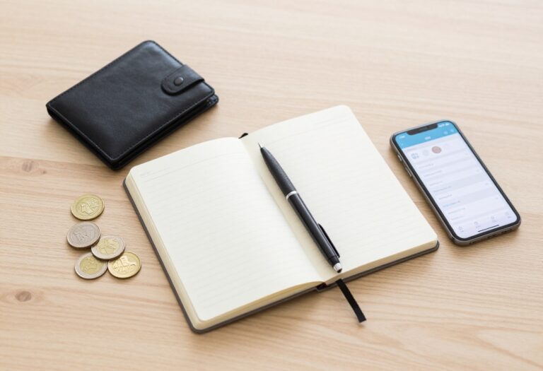 Flat lay of budgeting essentials: wallet, coins, notebook, pen, and smartphone with budgeting app on a wooden table.