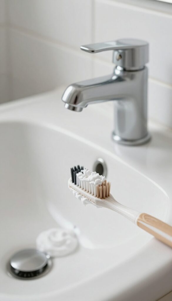 Old toothbrush with baking soda paste cleaning grout lines on white bathroom tiles.