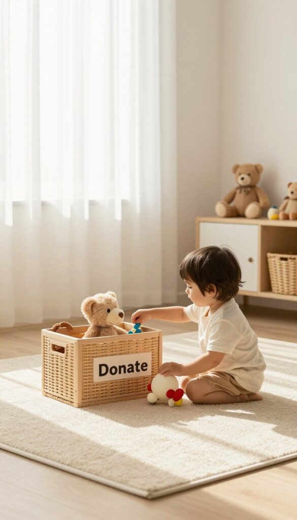 A child donating a toy into a bin while holding a new toy in a bright, tidy living room.