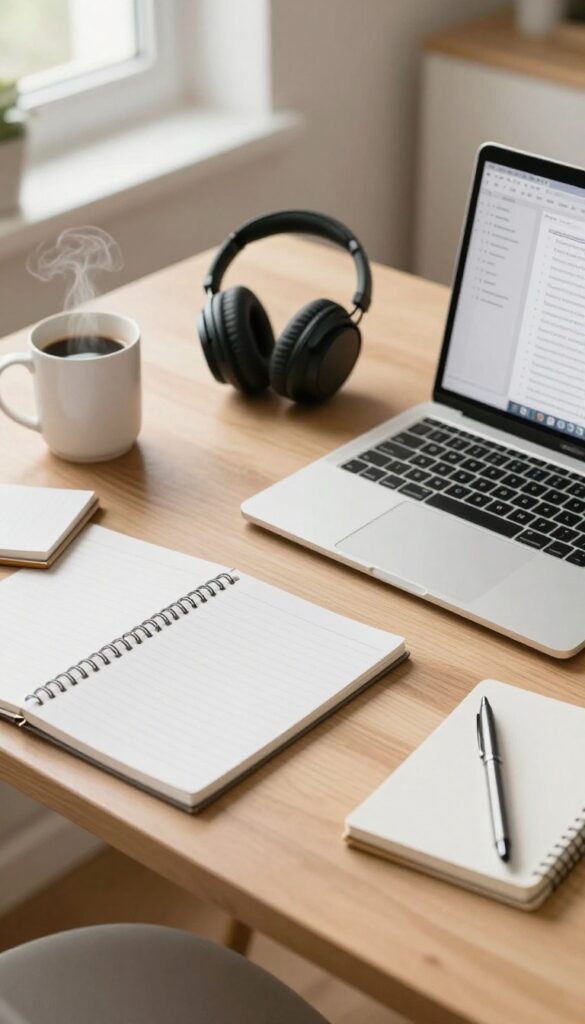 A person's workspace with a laptop, headphones, coffee, and notepad for transcription work.