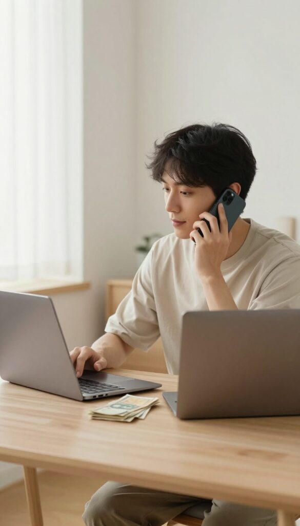 Person negotiating bills over the phone at a bright home desk