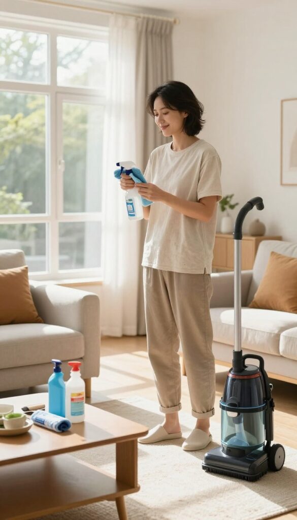 Person cleaning a bright living room with supplies