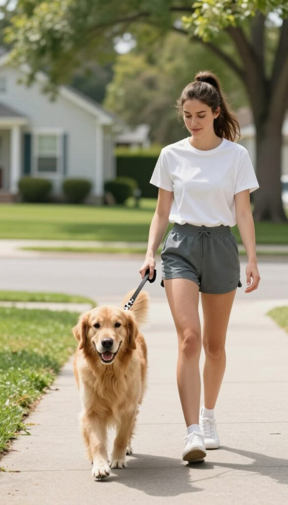 A person walking a golden retriever on a sunny suburban street, representing a dog walking side hustle.