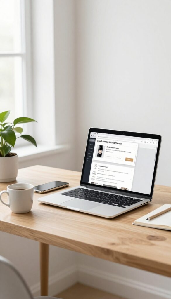 Home office with laptop and smartphone displaying affiliate marketing content
