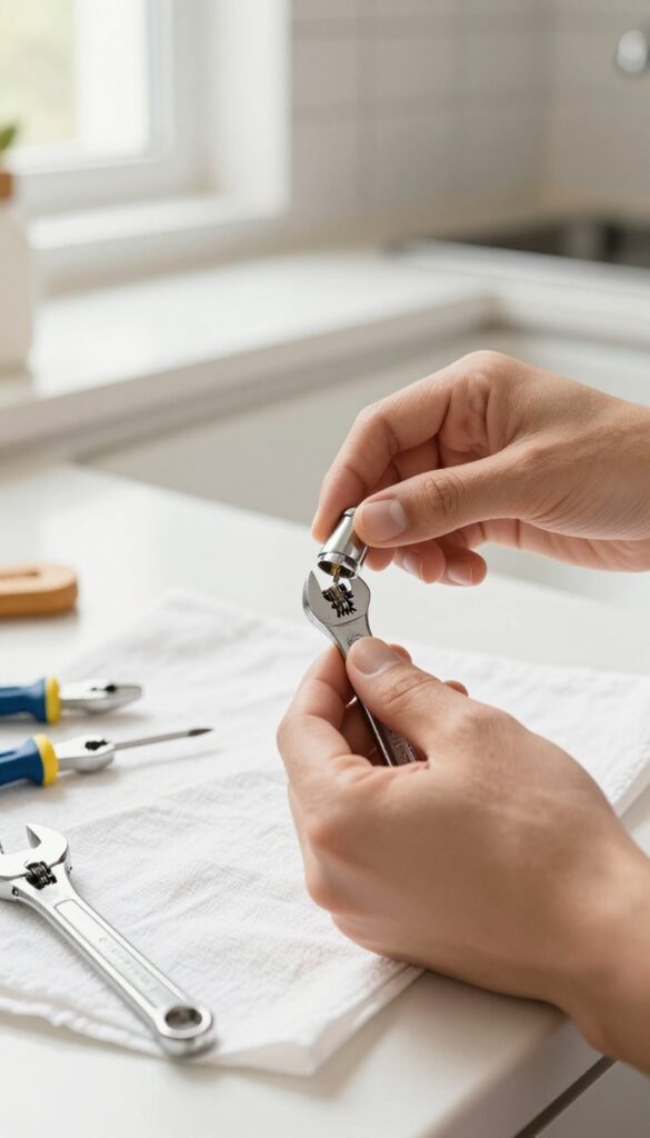 Hands repairing a leaky faucet with tools on a kitchen counter