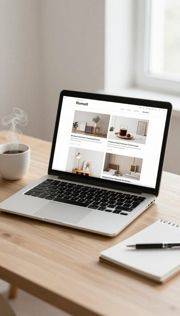 Cozy home office desk with laptop, coffee, and notepad for affiliate marketing