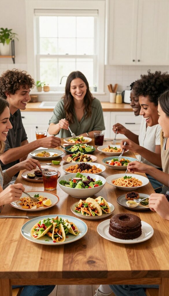 Friends enjoying a potluck dinner with various homemade dishes on a wooden table in a bright kitchen.