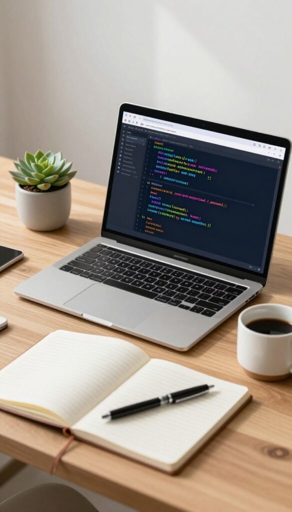 A clean desk with a laptop showing a web development workspace, surrounded by a plant, coffee, and notebook.