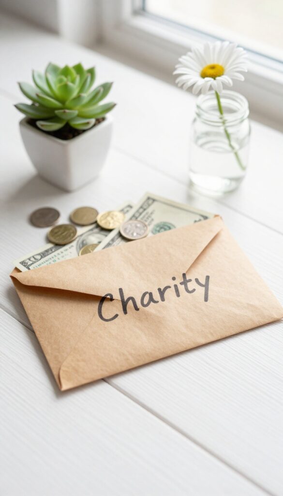 Kraft paper cash envelope labeled Charity with cash spilling out, succulent and daisy on white desk, bright natural light