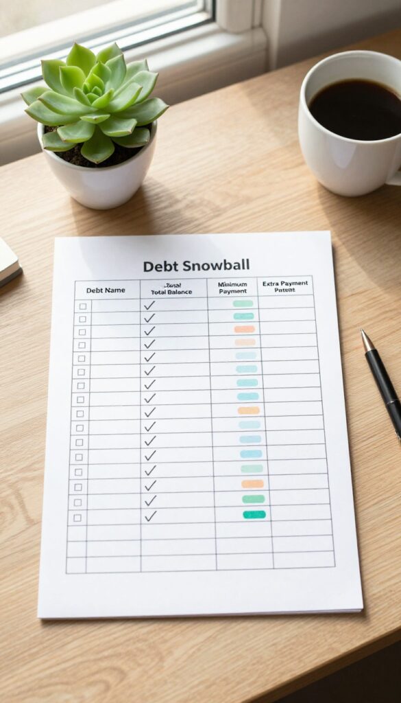 Debt snowball worksheet on a wooden desk with a succulent and coffee, showing progress tracking and paid-off debts.