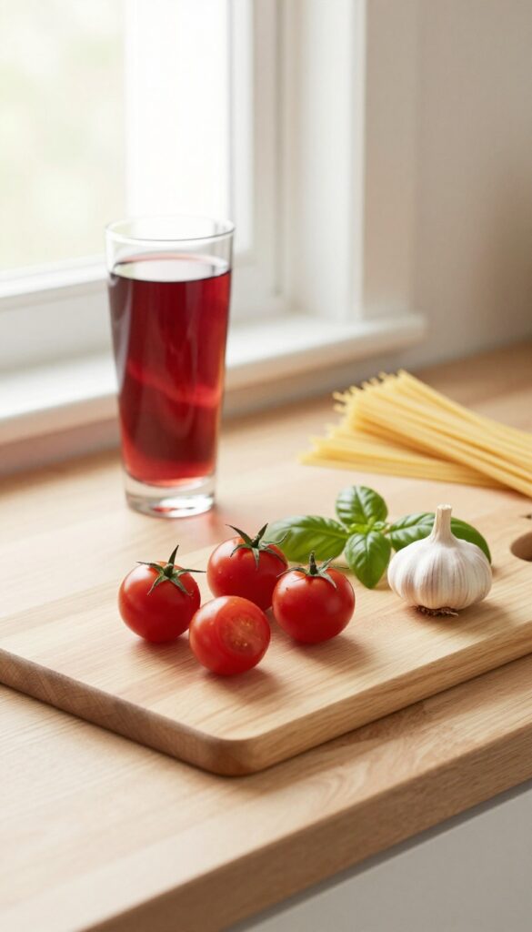 Fresh ingredients on a kitchen counter for a homemade pasta dinner