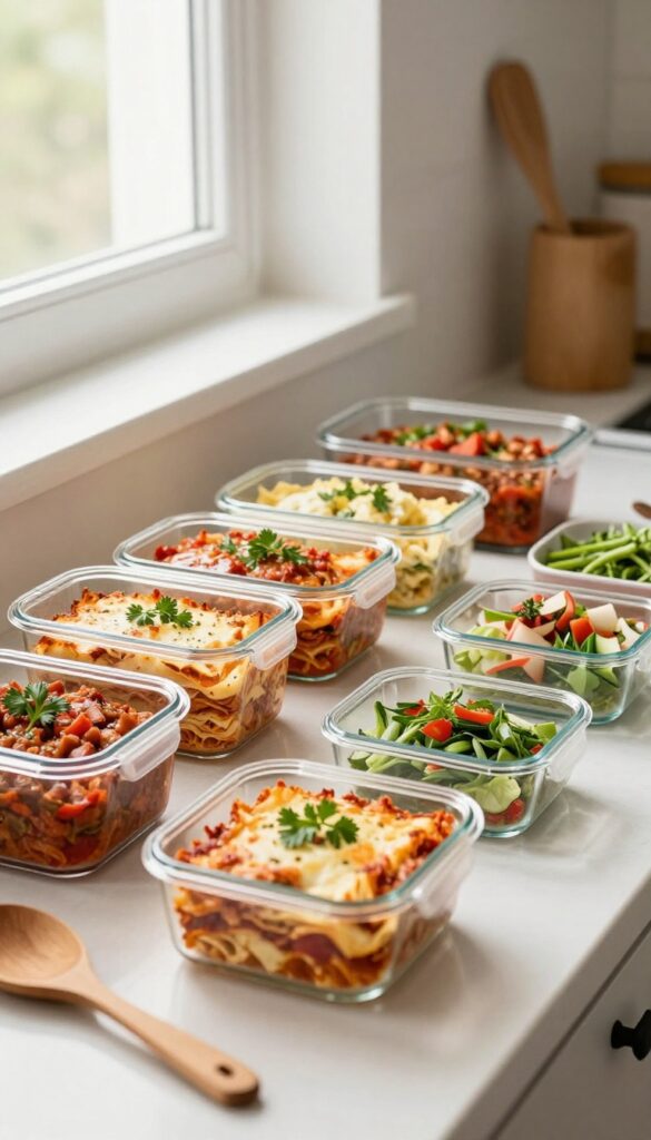 Freezer meal prep containers with homemade lasagna, chili, and enchiladas on a kitchen counter