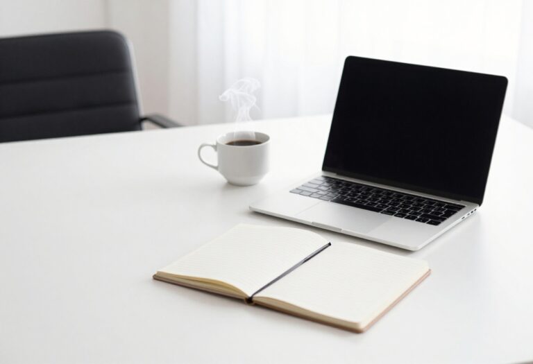 Blogging setup with laptop and notebook on a wooden desk